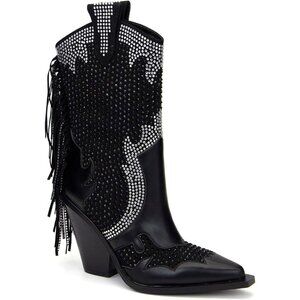 Feinlina Black Western Cowboy Boots Women Pointed Toe Chunky Heel Tassel Style